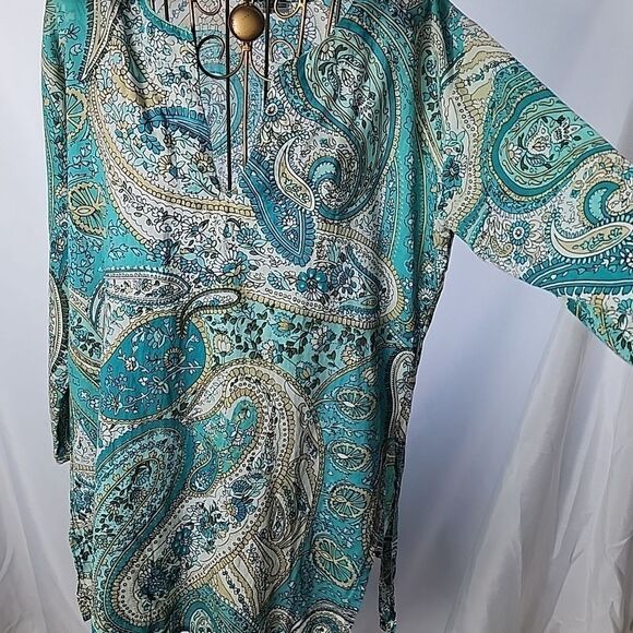 Lightweight 100% Cotton Aqua Blue Tan & White 3/4 Sleeve Tunic - Picture 3 of 5